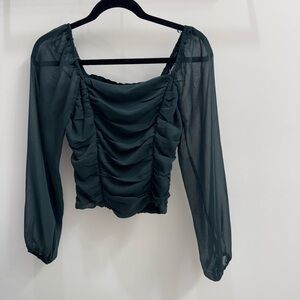 Lush Green Ruched Blouse with Billowy Sleeves